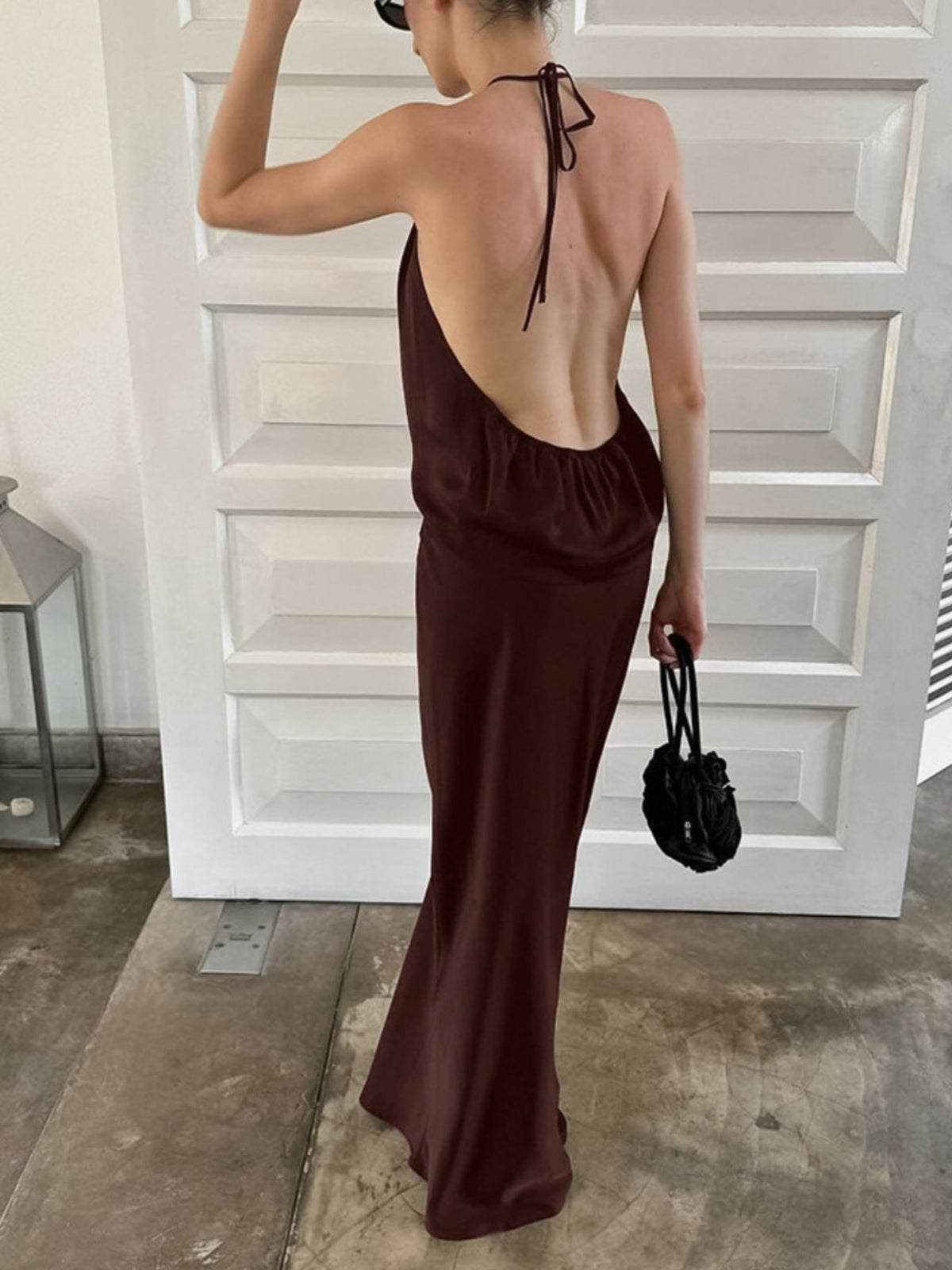 brown backless halter neck maxi dress styled look