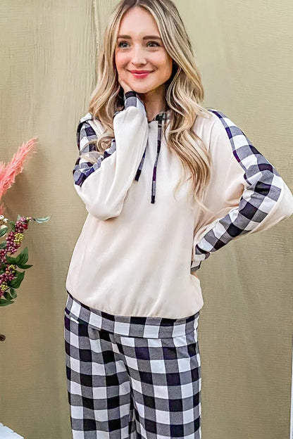 And The Why Drawstring Hooded Top and Plaid Pants Lounge Set White Black - Fashorio