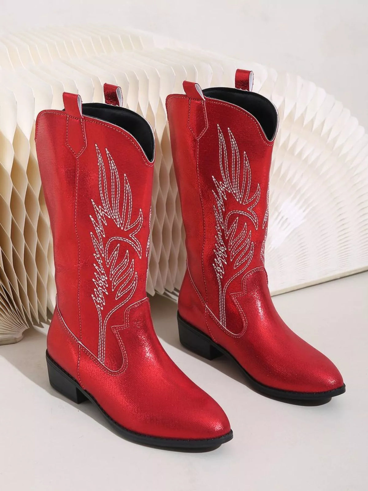 embroidered block heel boots upper texture detail