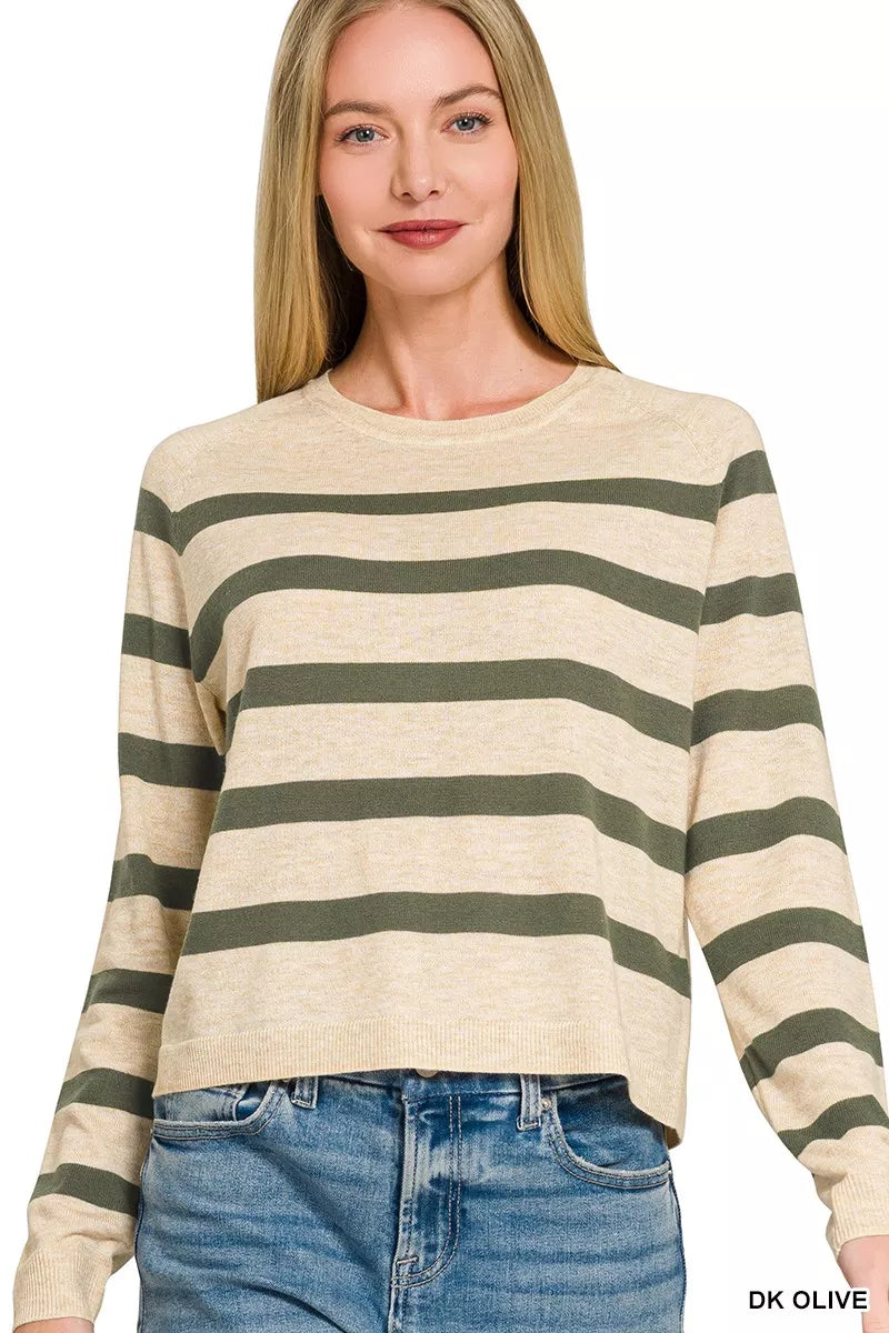 Striped knit sweater with round neckline side detail