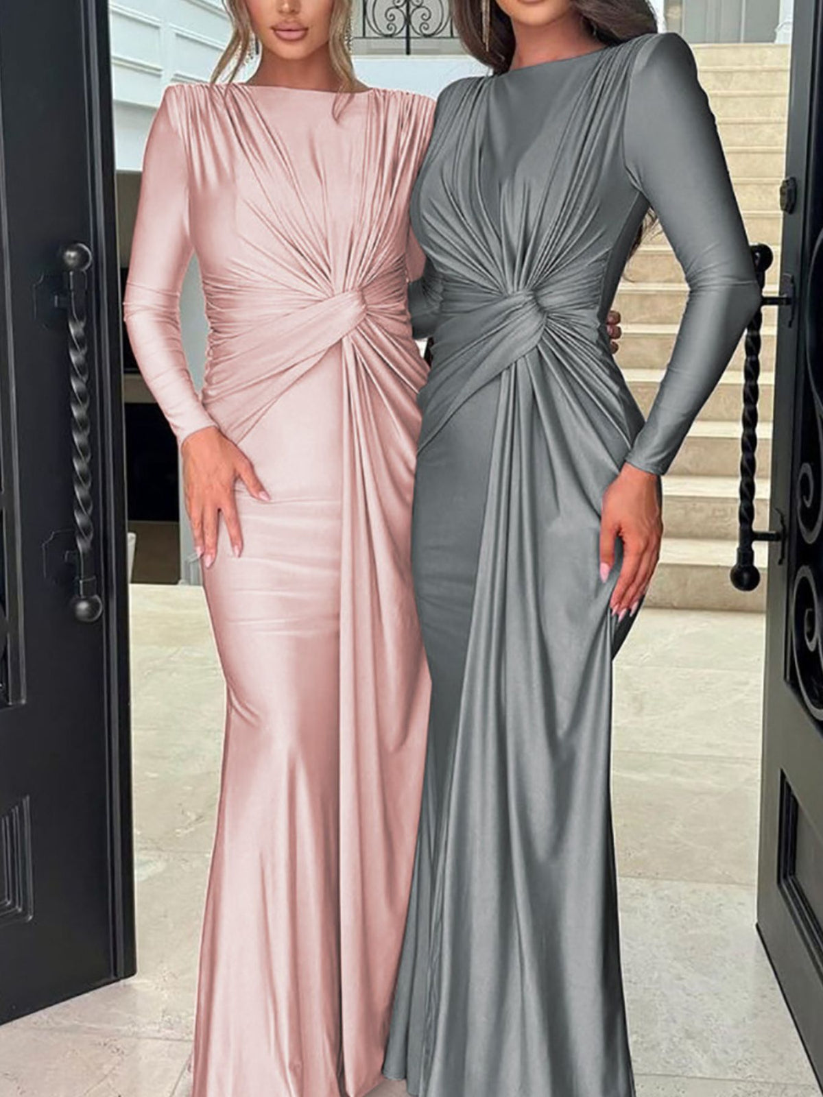 Ruched knot front long sleeve maxi dress close up