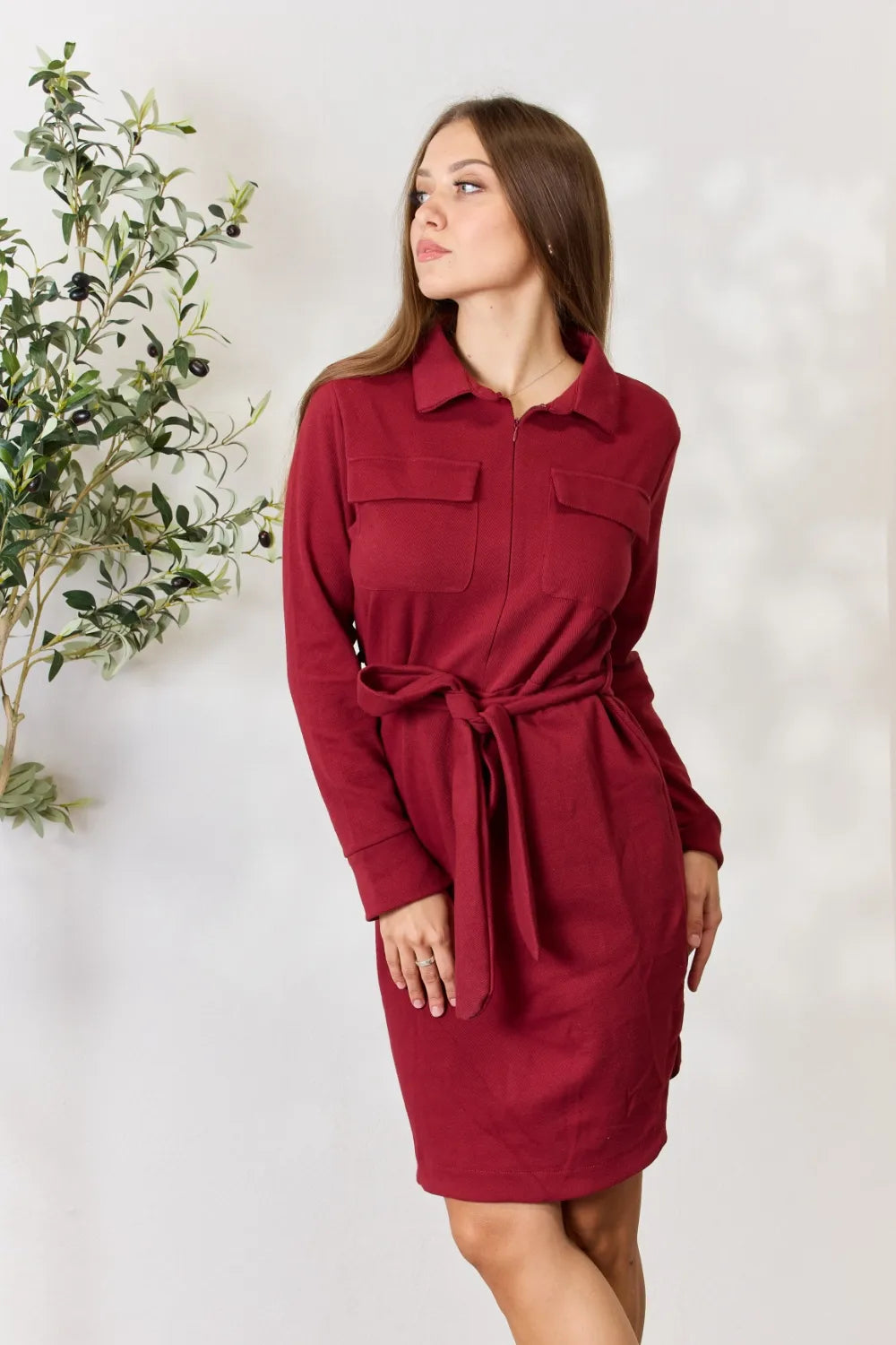 Tie Front Half Zip Long Sleeve Shirt Dress close up