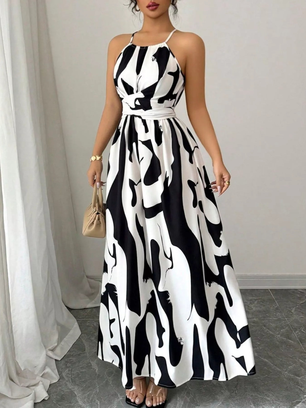 Abstract print halter neck maxi dress detail view