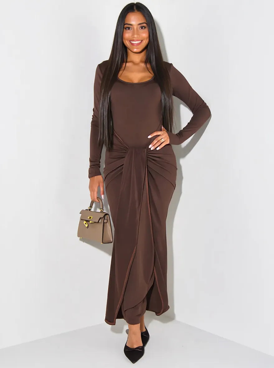 Long sleeve tie front bodycon maxi dress, front view
