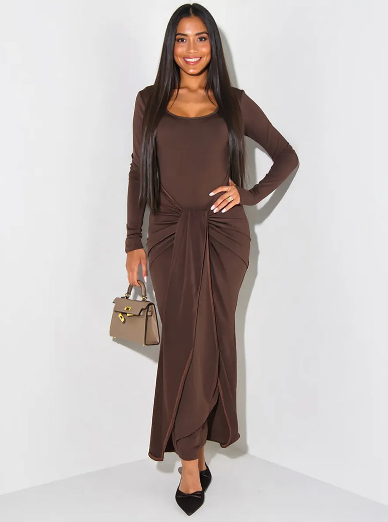 Long sleeve tie front bodycon maxi dress, front view