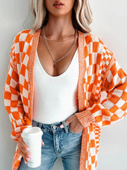 Checkered Pattern Open Front Cardigan Tangerine - Fashorio