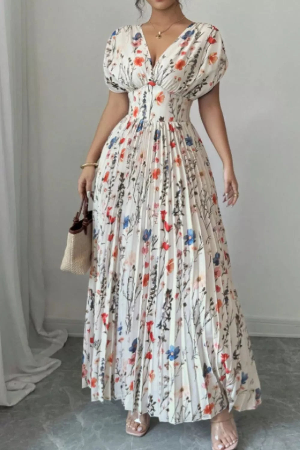 White floral pleated maxi dress full length