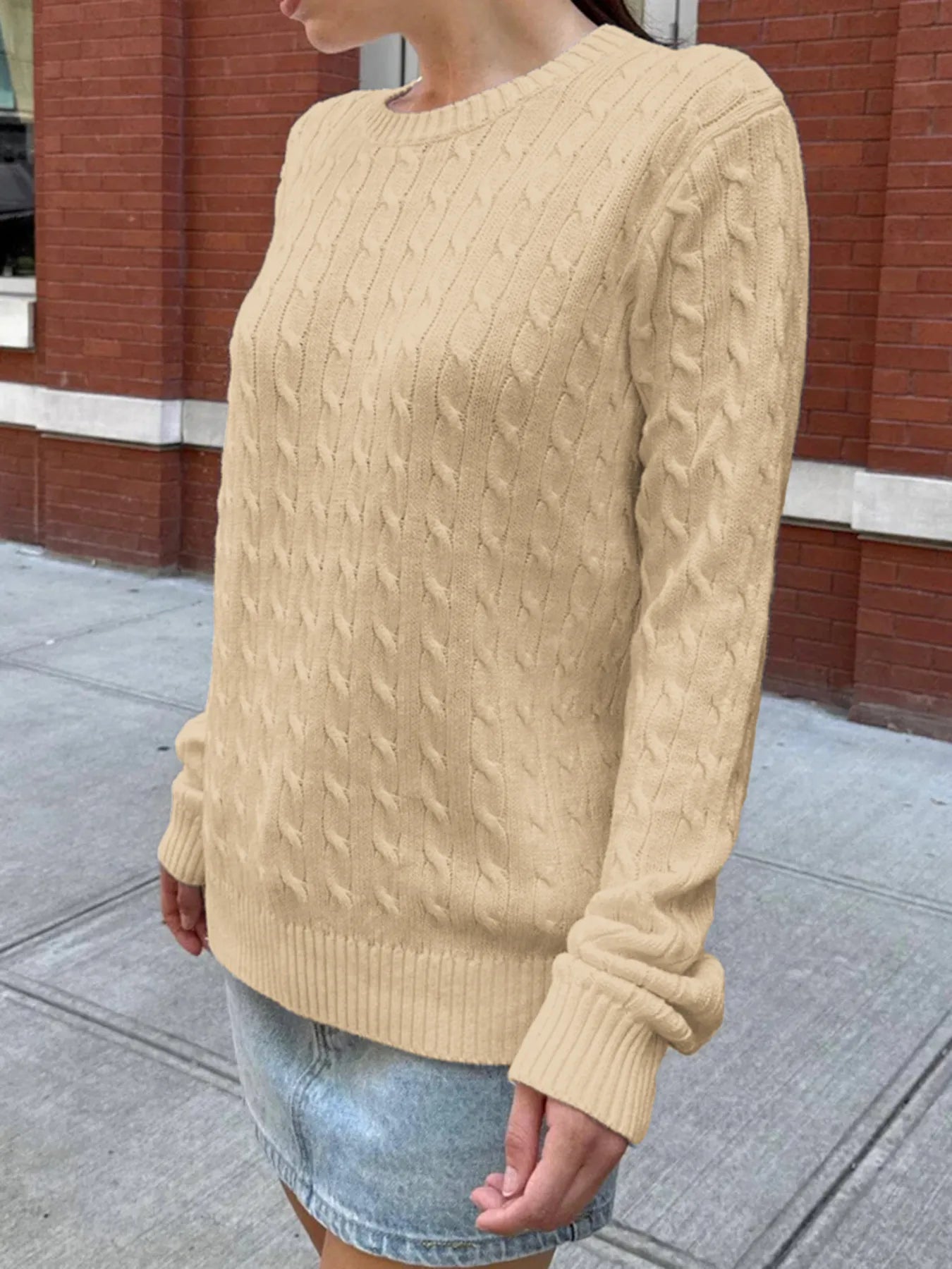 Cable-Knit Round Neck Pullover Sweater Khaki - Fashorio