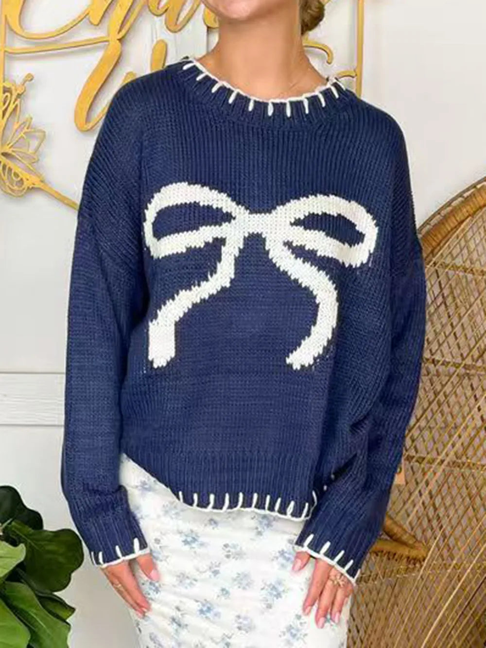 Bow Round Neck Long Sleeve Sweater, view 8