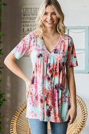 Heimish Full Size Floral V-Neck Short Sleeve Babydoll Blouse MINT - Fashorio