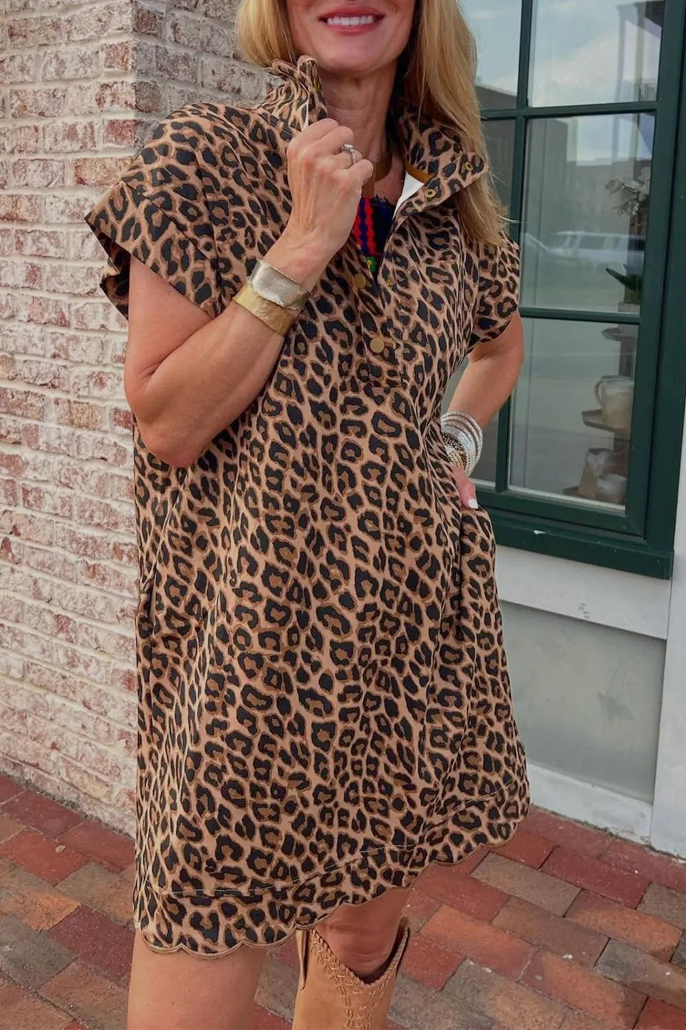 Leopard print short sleeve mini dress front view