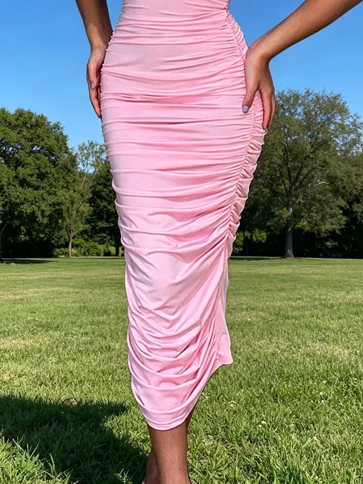 floral ruched strapless bodycon midi dress detail
