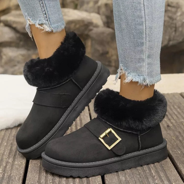 fuzzy trim buckle winter boots side profile