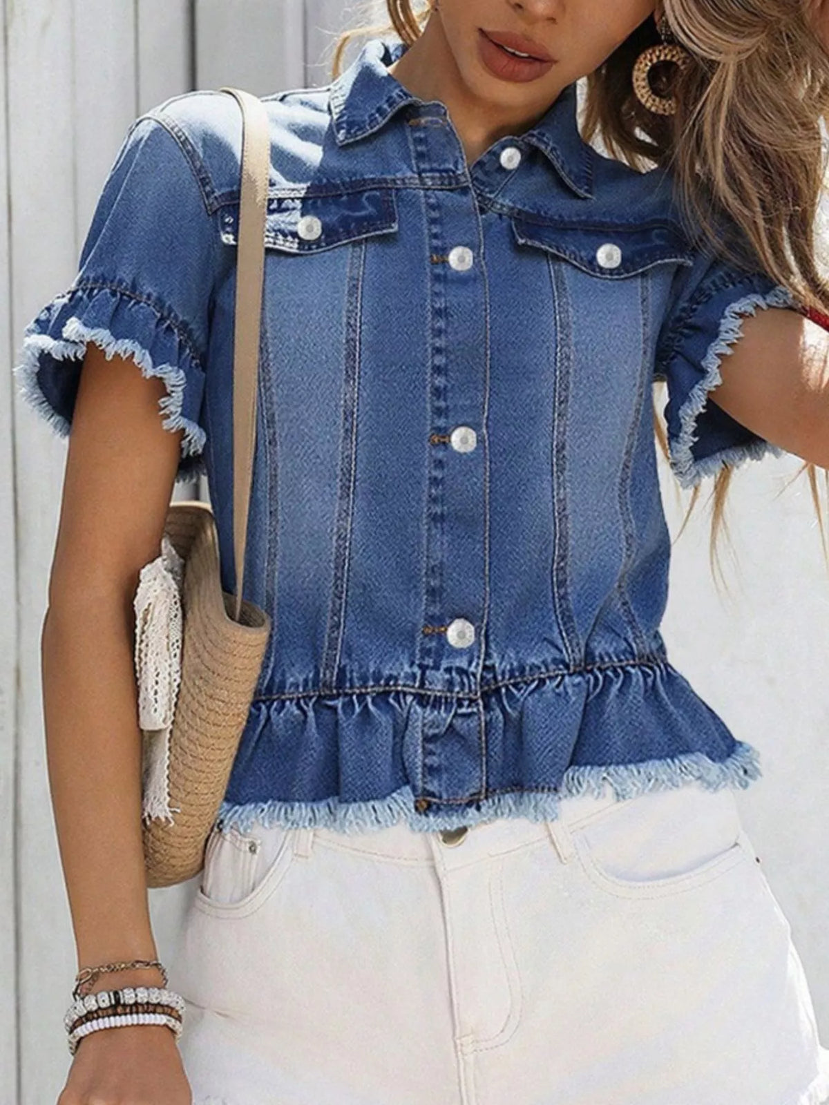Ruffle Hem Short Sleeve Denim Jacket in Blue side view