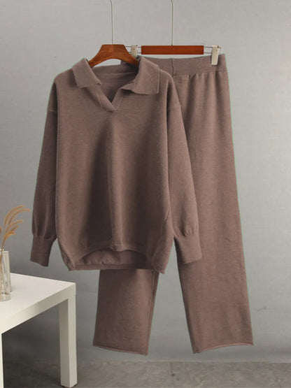 Johnny Collar Long Sleeve Top and Pants Sweater Set - Fashorio