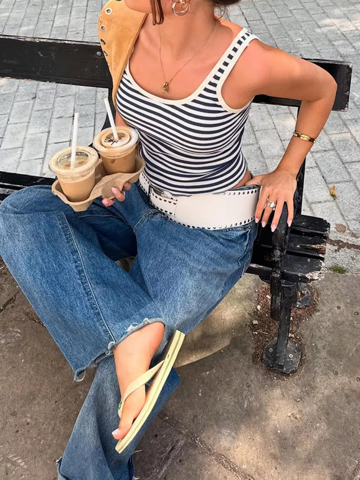 Blue and white striped scoop neck tank detail view