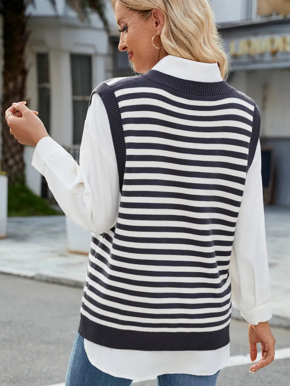 Side Slit V Neck Striped Sweater Vest in Dark Gray back view
