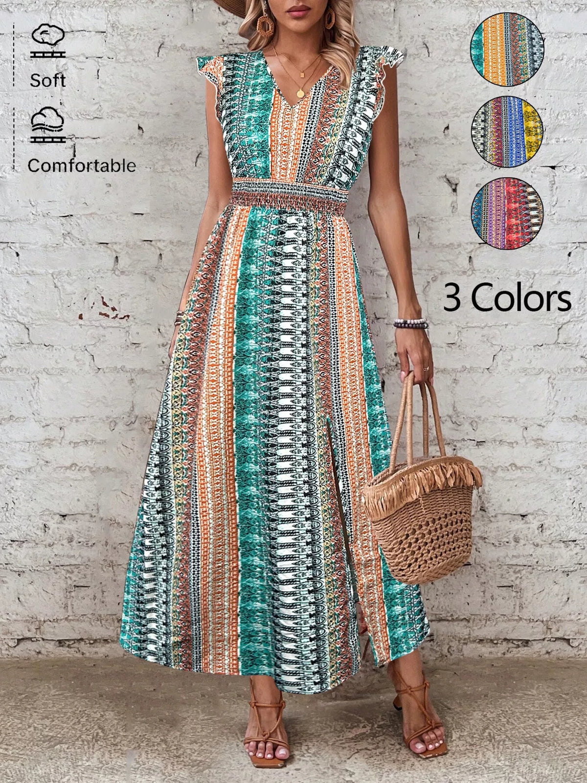 Boho print ruffle sleeve slit dress front view