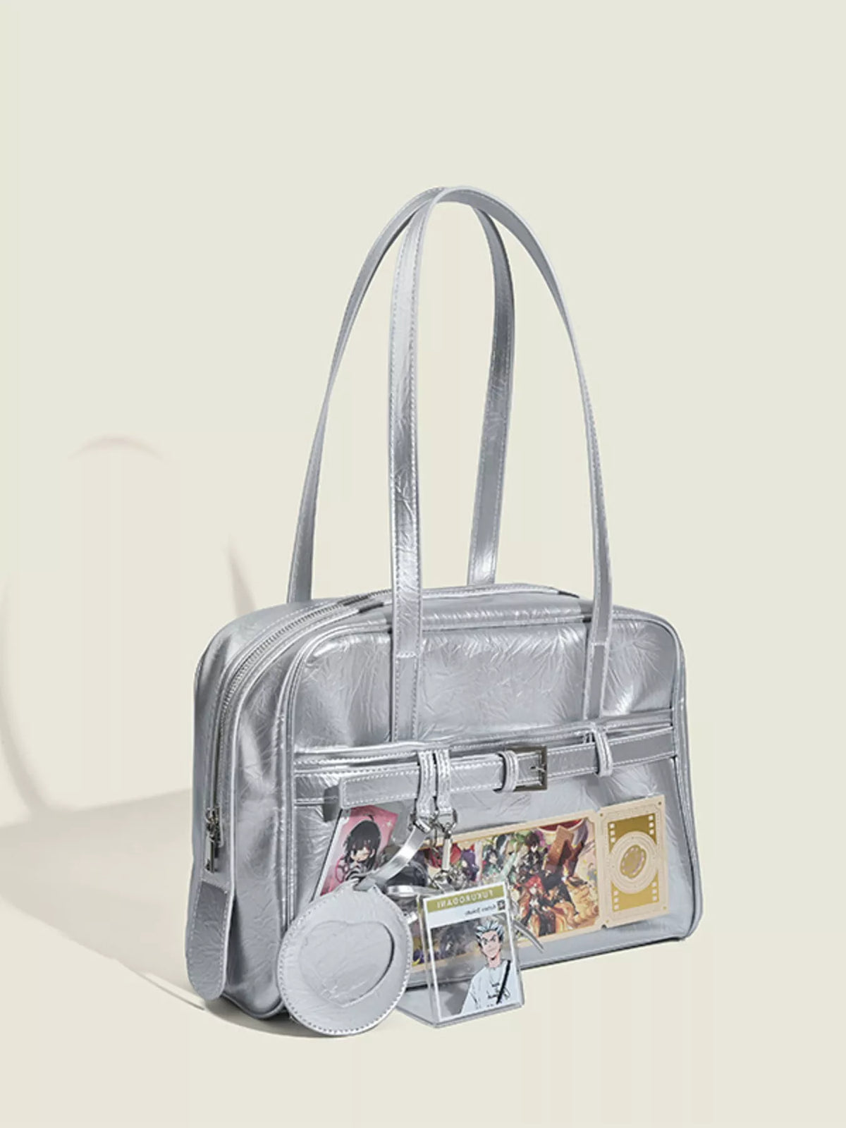 Clear window shoulder bag shown from the side