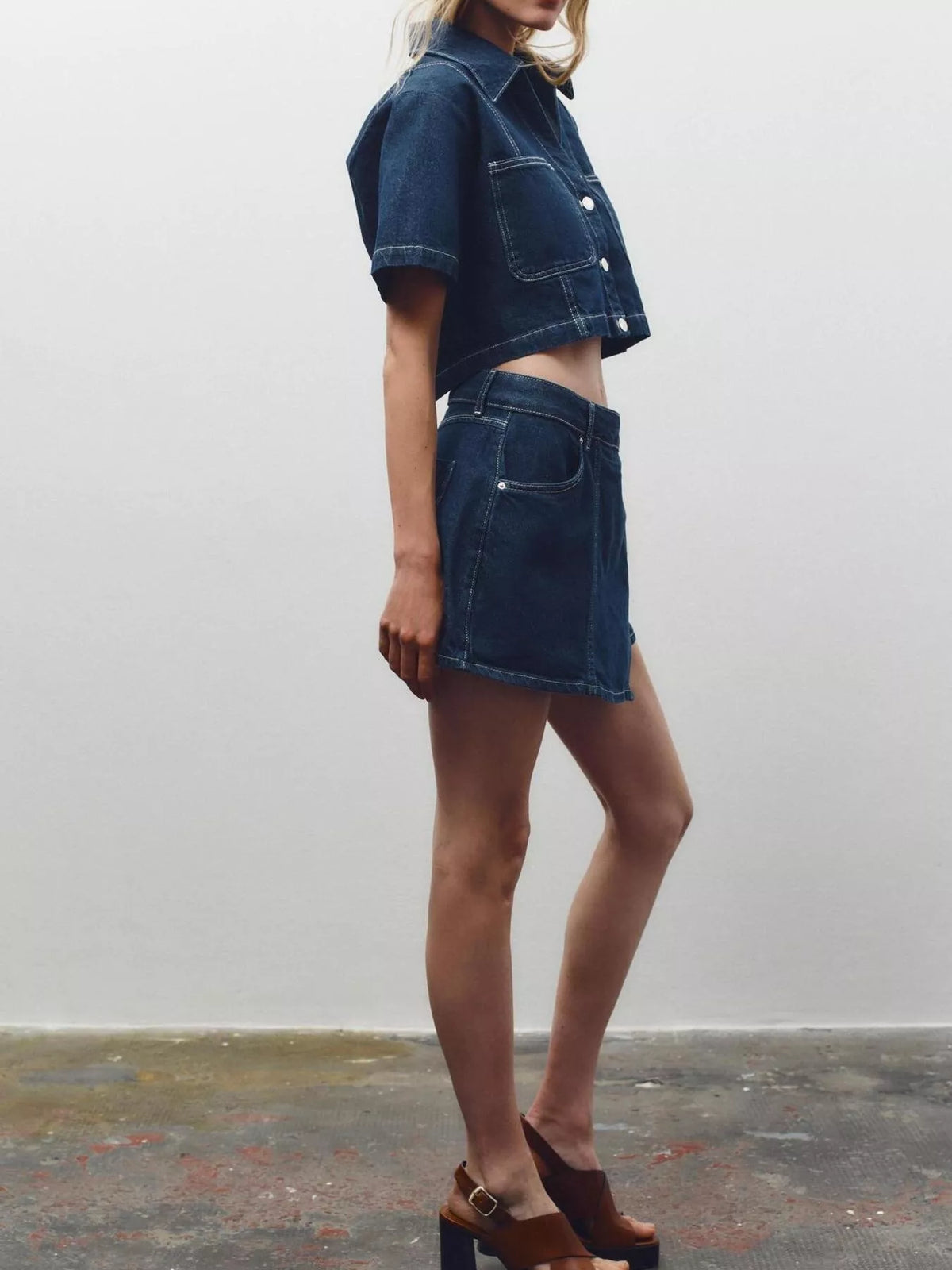 Sky blue denim skort set front view