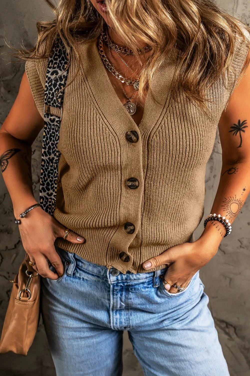 Button Up V Neck Sweater Vest in Camel back view