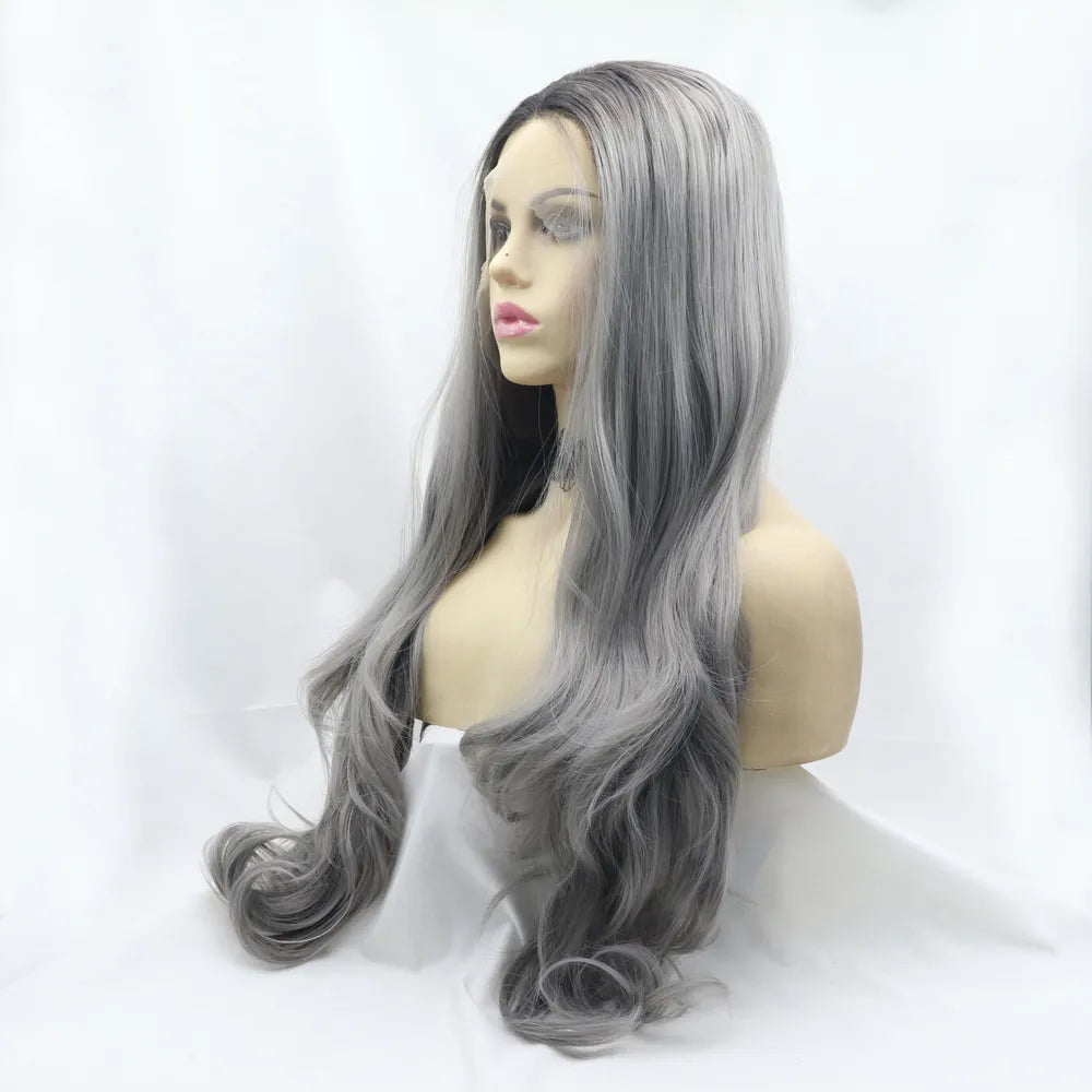 Back of long wavy grey lace front wig