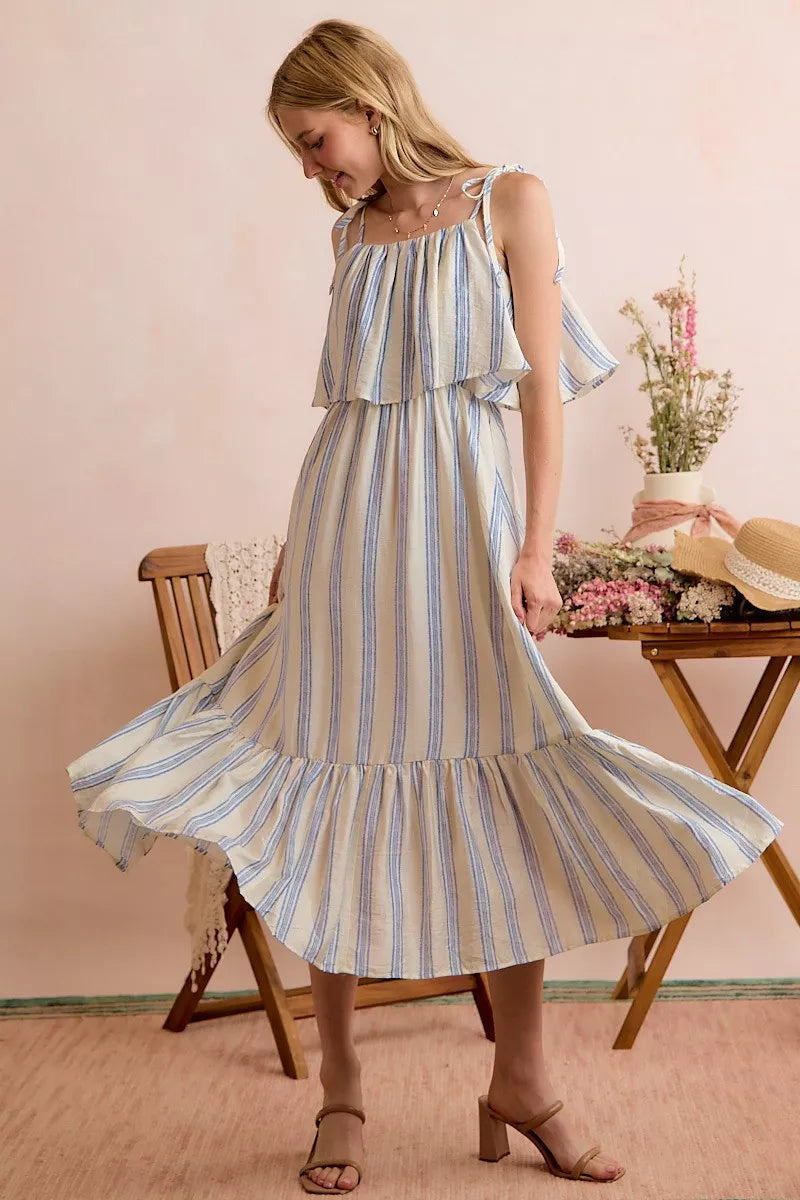 White and blue striped tiered midi dress with shoulder ties front view