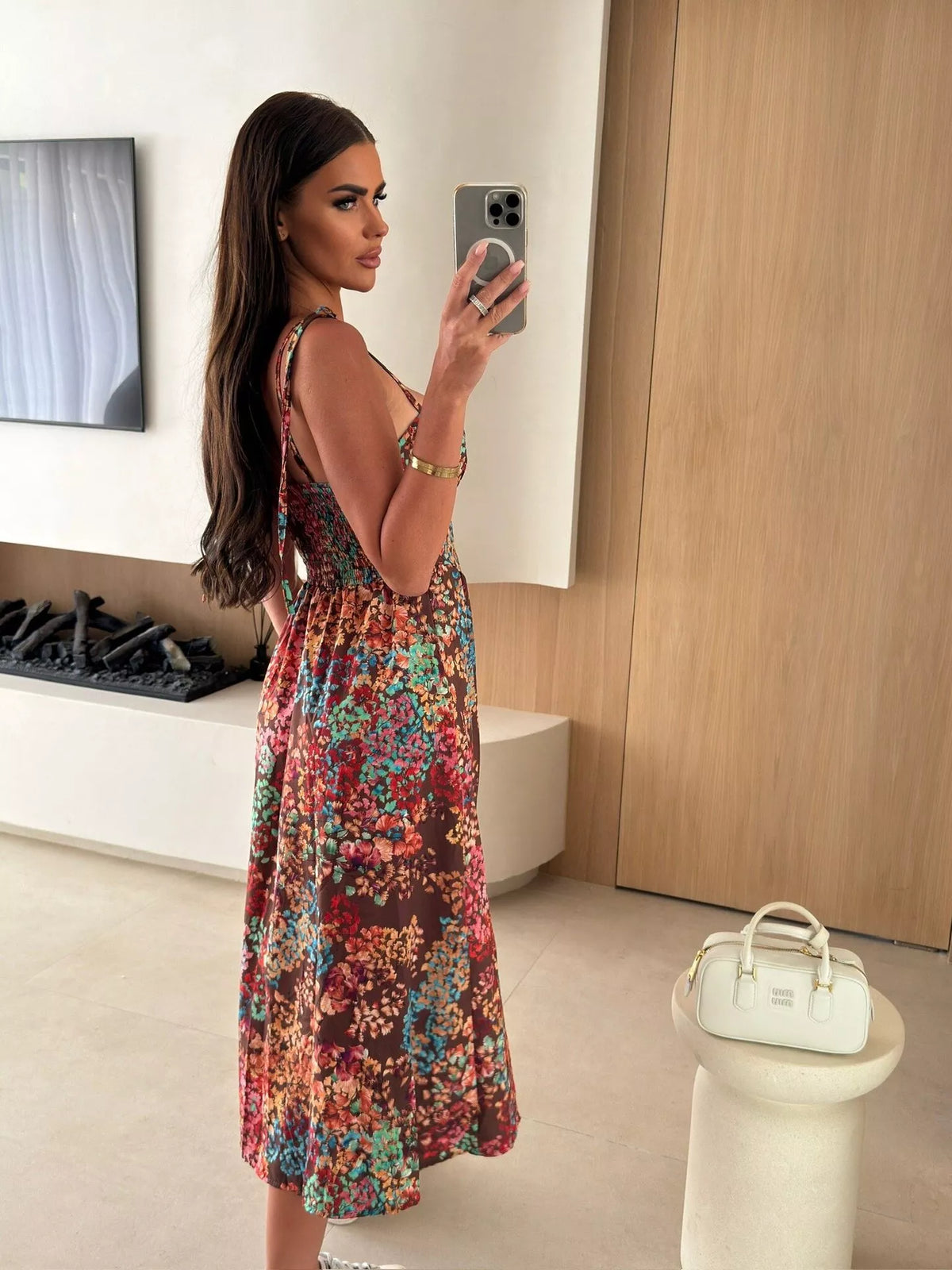 Printed tie strap midi dress detail view