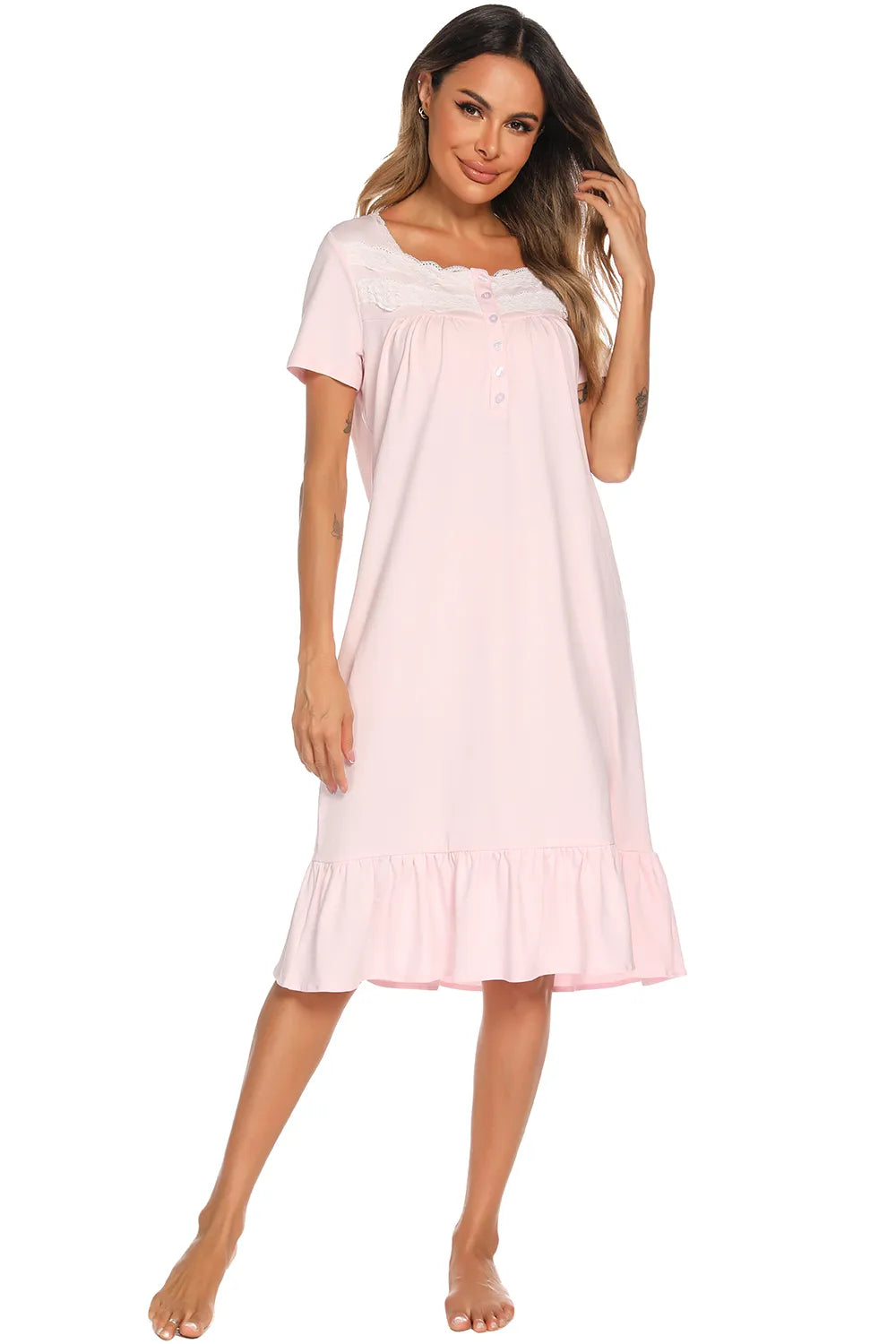 Lace Detail Square Neck Lounge Dress - Fashorio