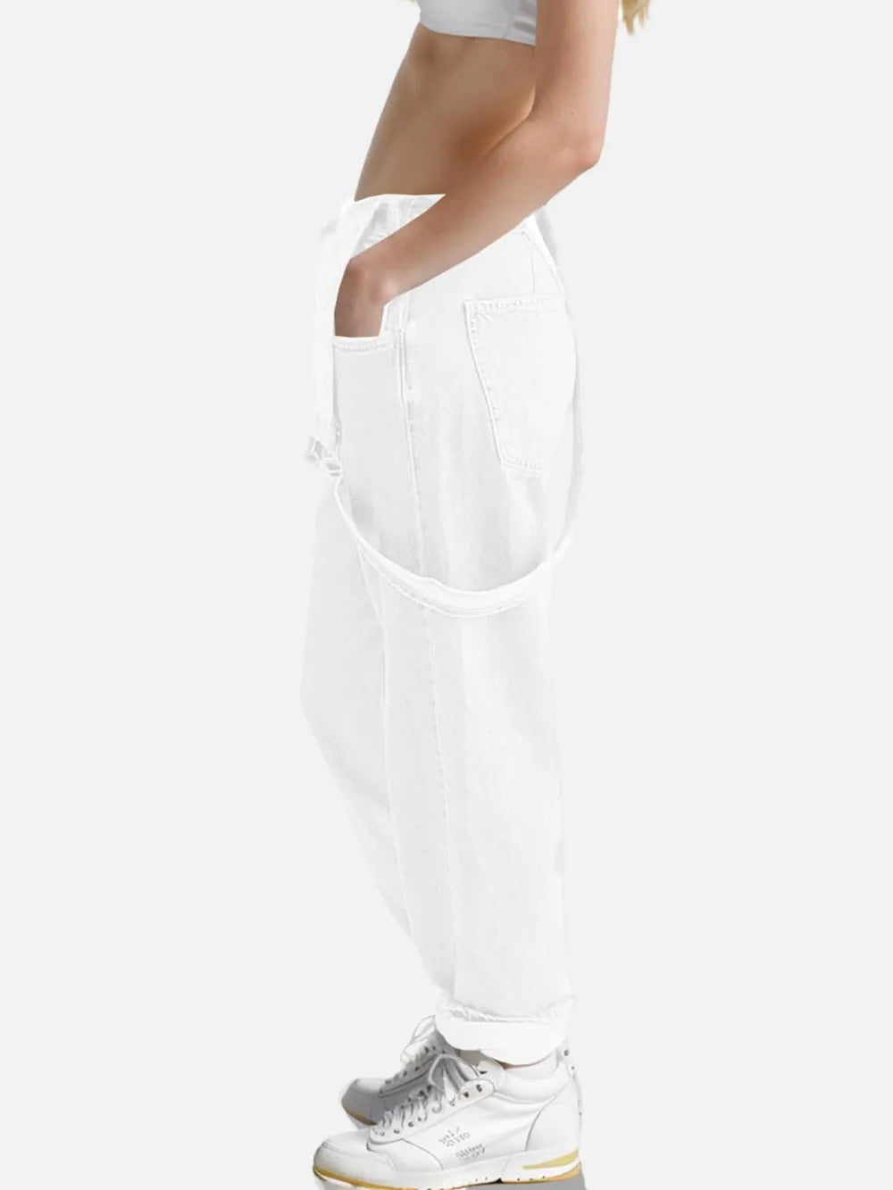 White denim overall dress side and pocket detail