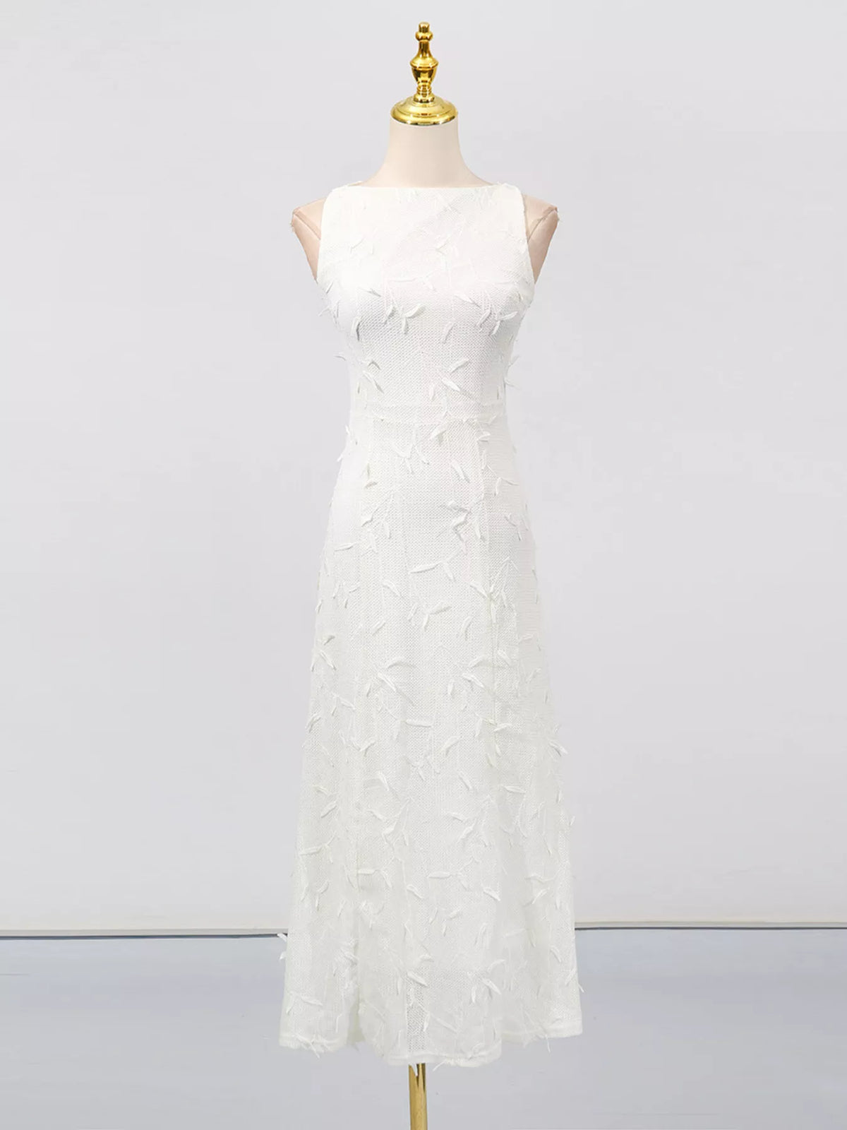 sleeveless floral applique off white midi dress full length view