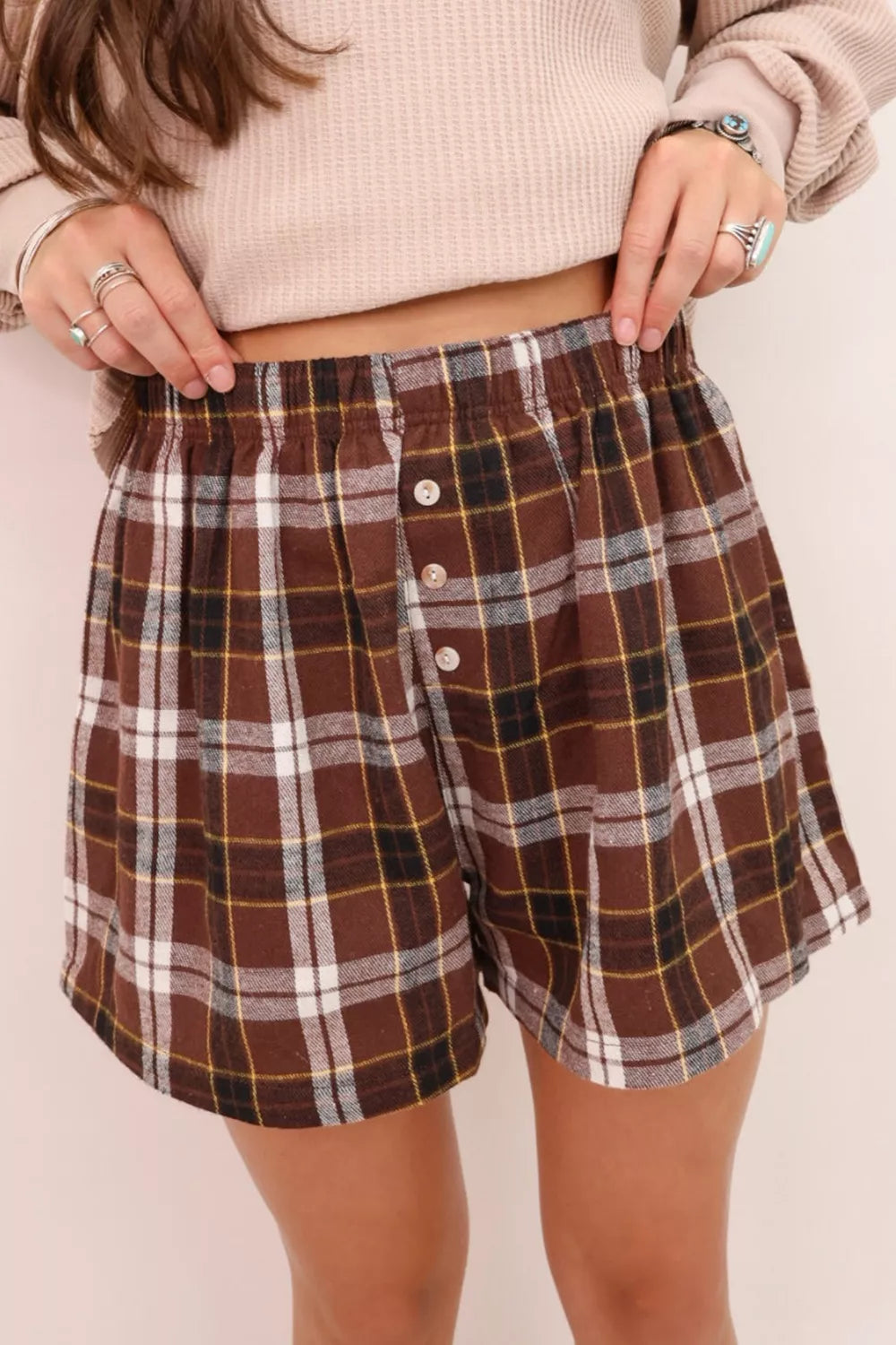 Burgundy plaid button front shorts front view