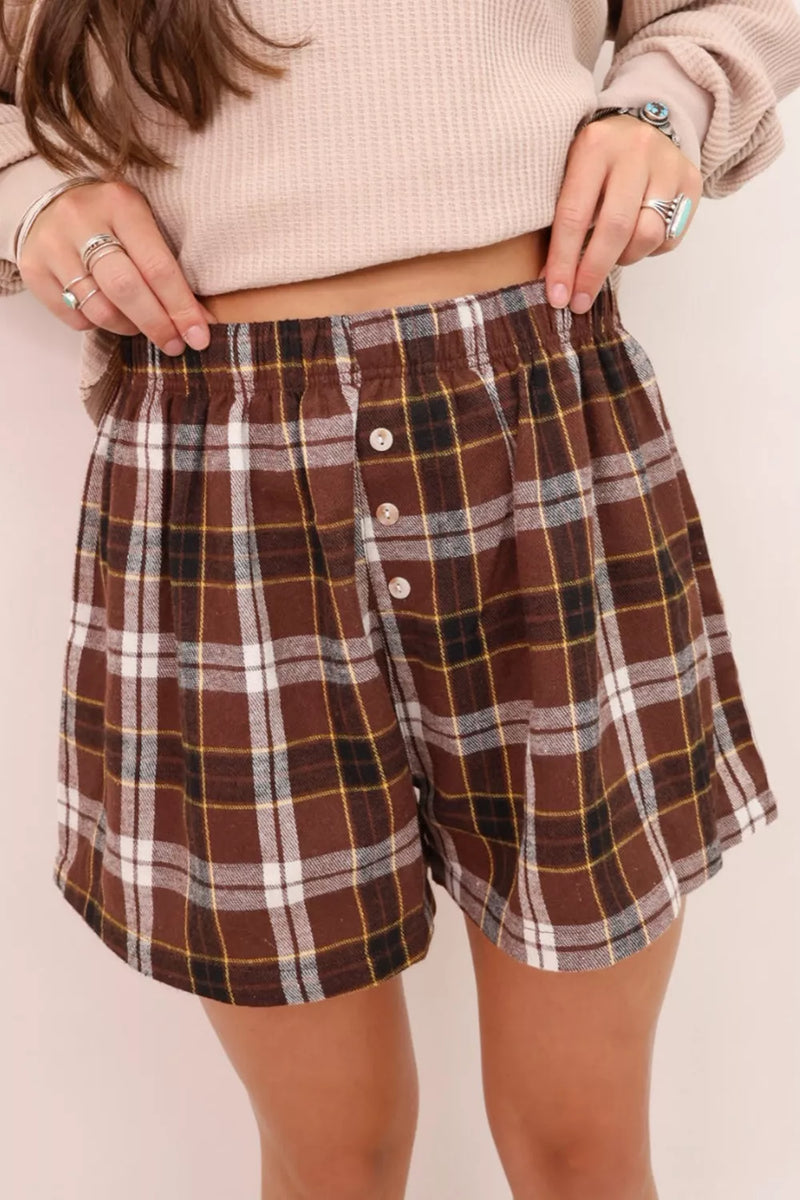 Burgundy plaid button front shorts front view
