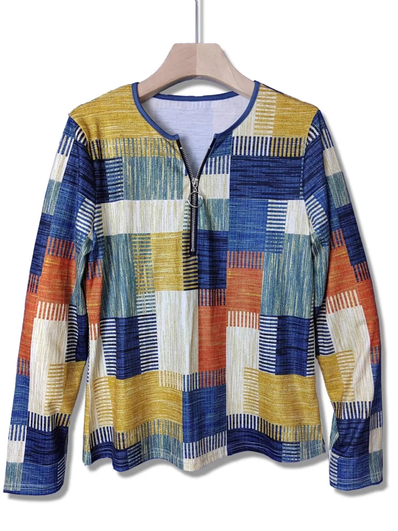 Color Block Zip Front Long Sleeve Top - Fashorio