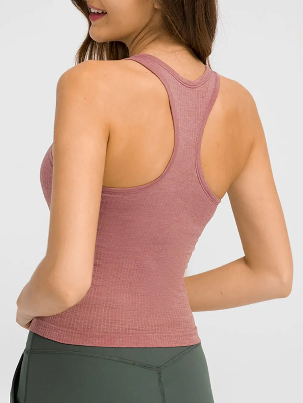 Round neck racerback padded active tank close up detail