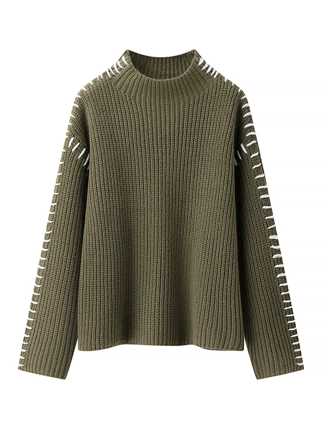 Contrast Mock Neck Long Sleeve Sweater Army Green - Fashorio
