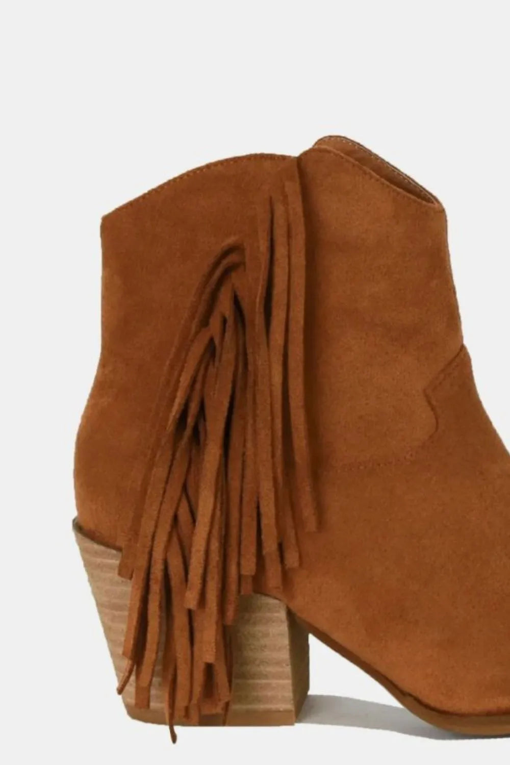 Suede fringe point toe ankle boots back view