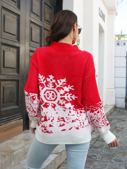 Snowflake Pattern Mock Neck Sweater - Fashorio