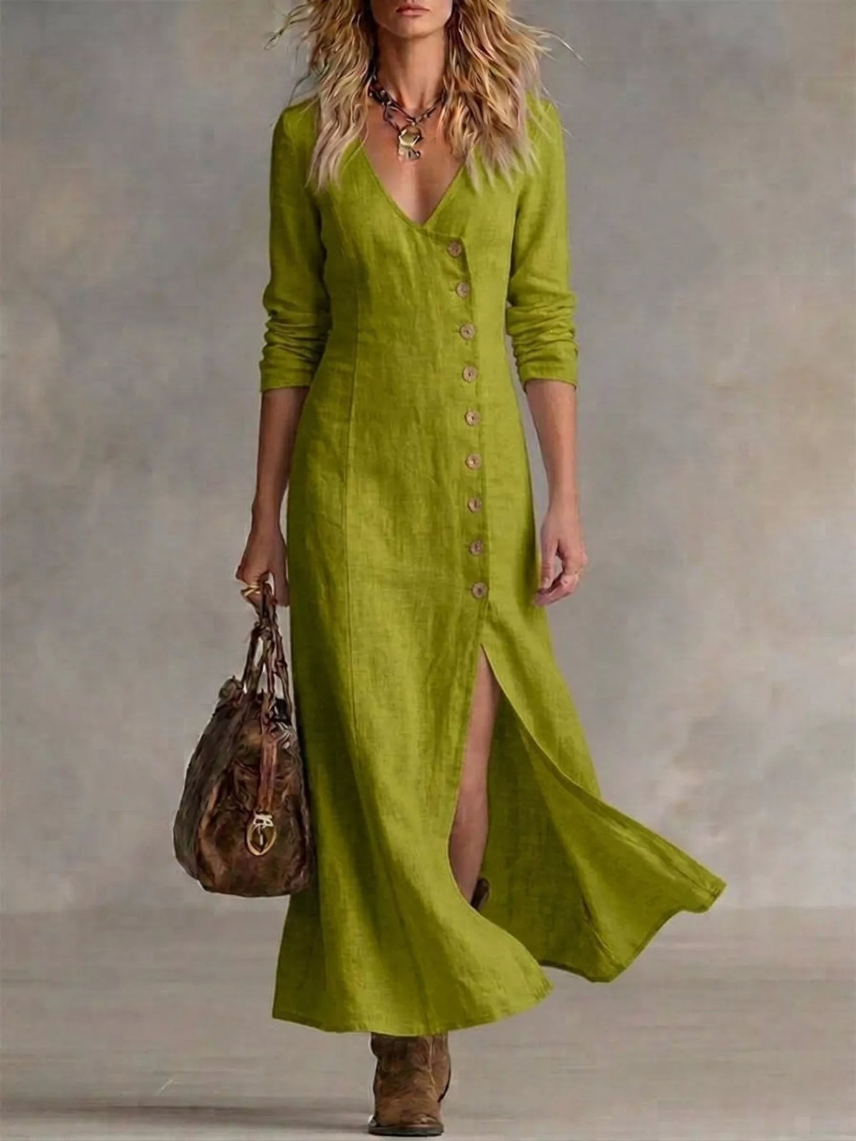 Fabric detail on button front slit maxi dress