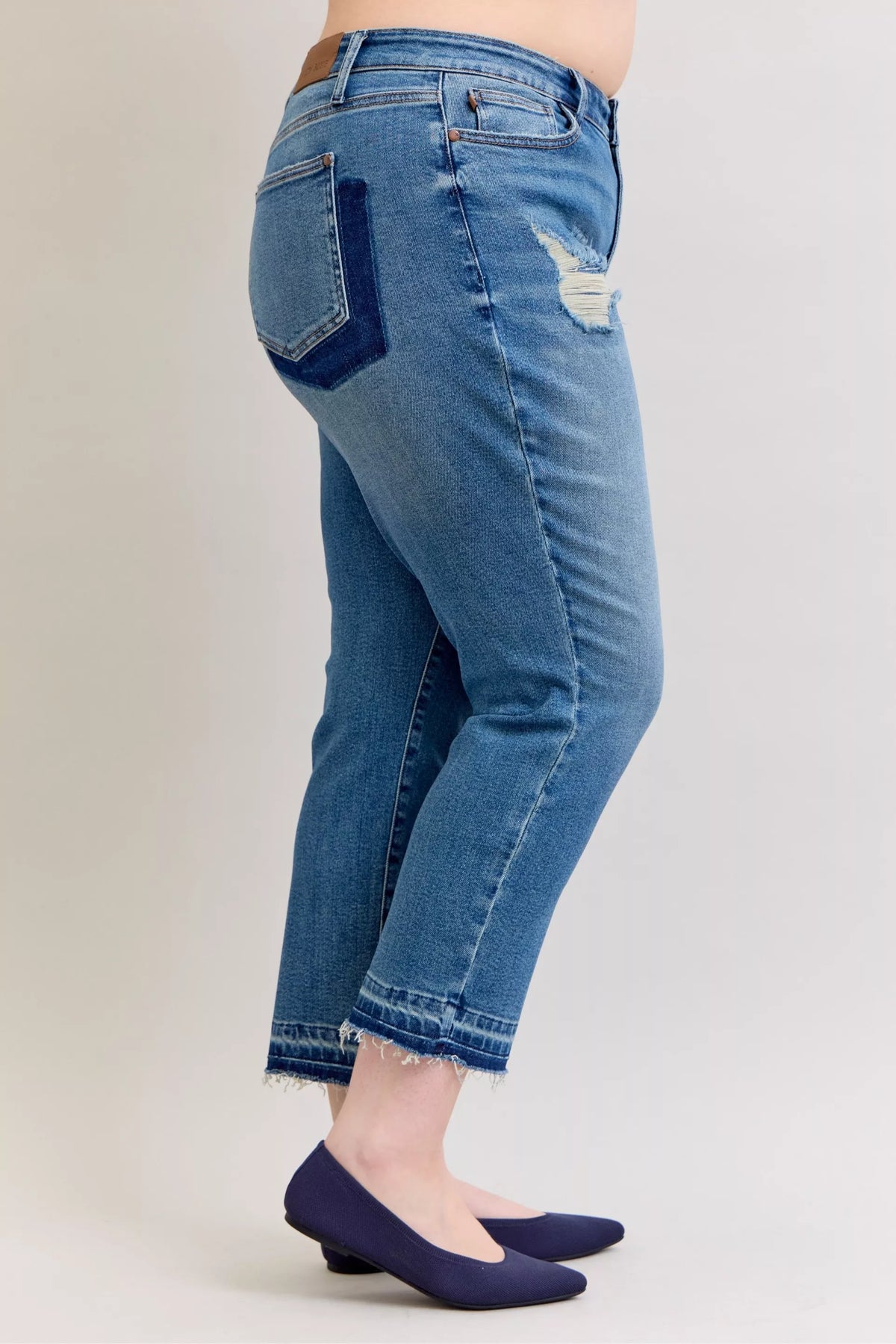 Judy Blue patch and repair jeans leg detail