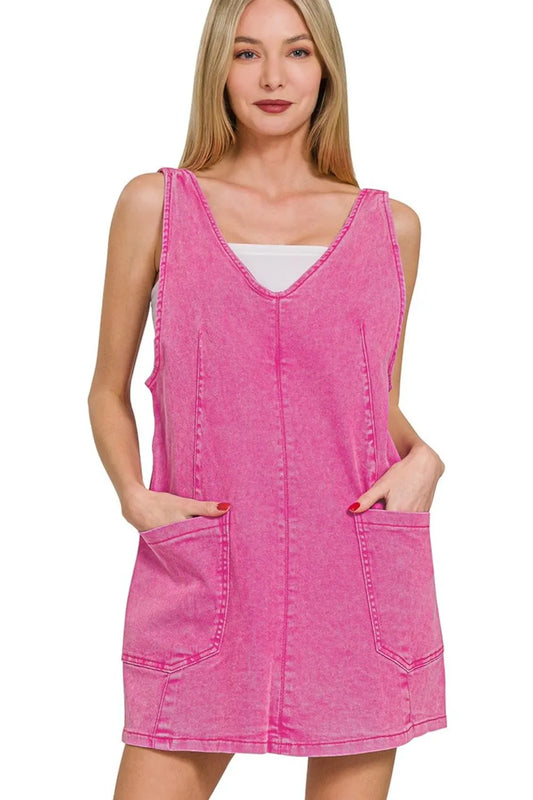 Zenana Washed Adjustable Strap Denim Overall Dress HOT PINK - Fashorio