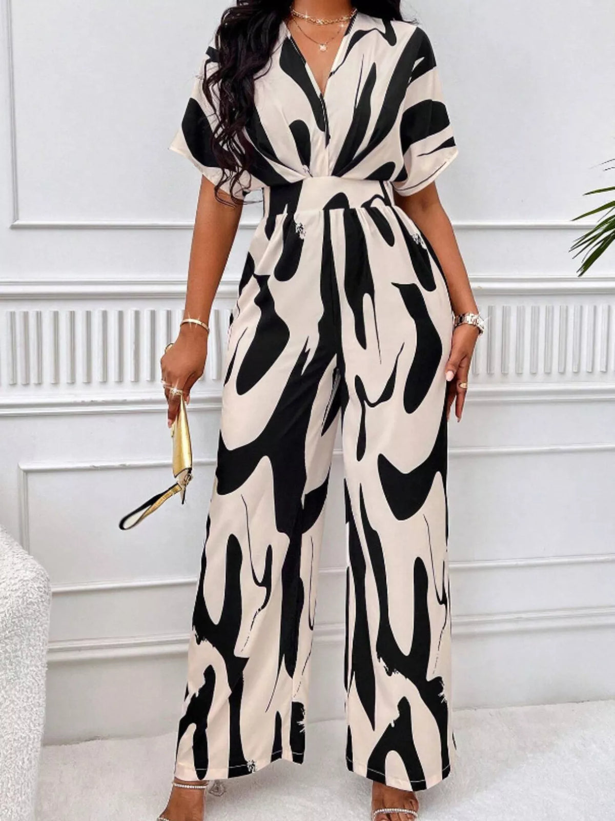 Abstract print wide leg jumpsuit with ruched bodice front view