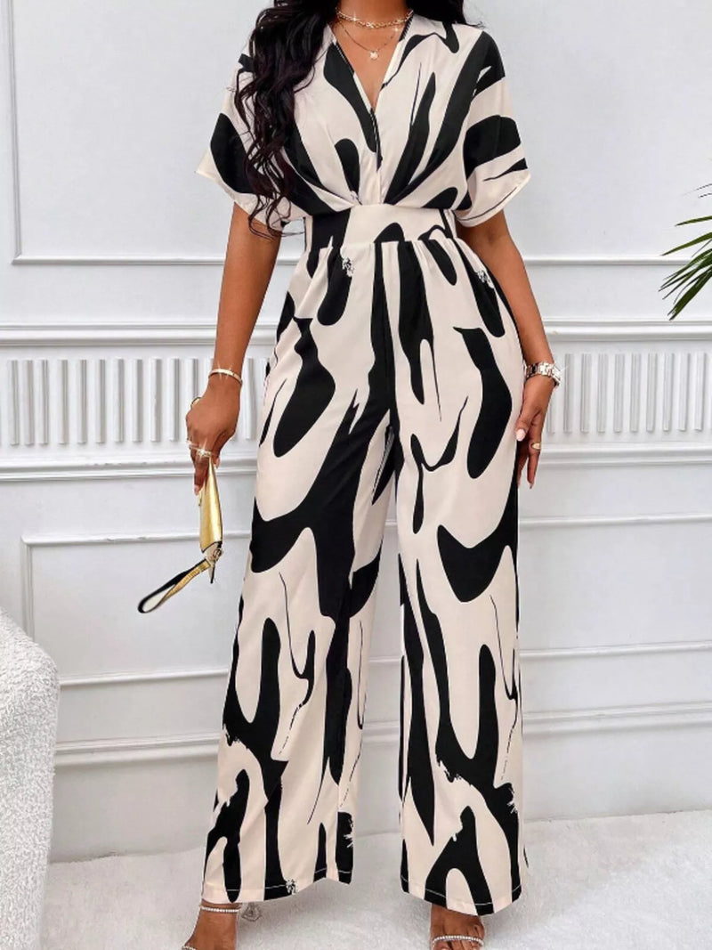 Abstract print wide leg jumpsuit with ruched bodice front view