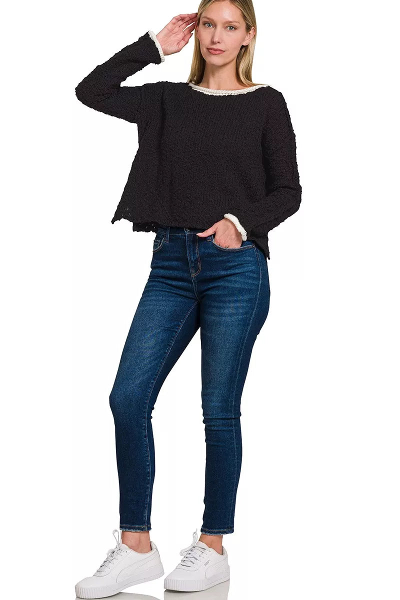 Contrast Trim Cropped Sweater in Black and Ivory side view