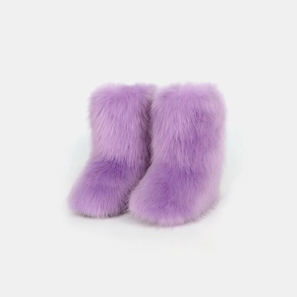 Lavender thermal fuzzy platform boots styled with denim