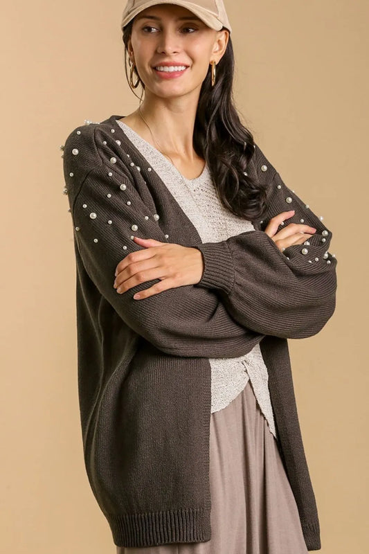 Umgee Full Size Open Front Cardigan with Long Sleeve Pearl Details Plus Size CHARCOAL - Fashorio