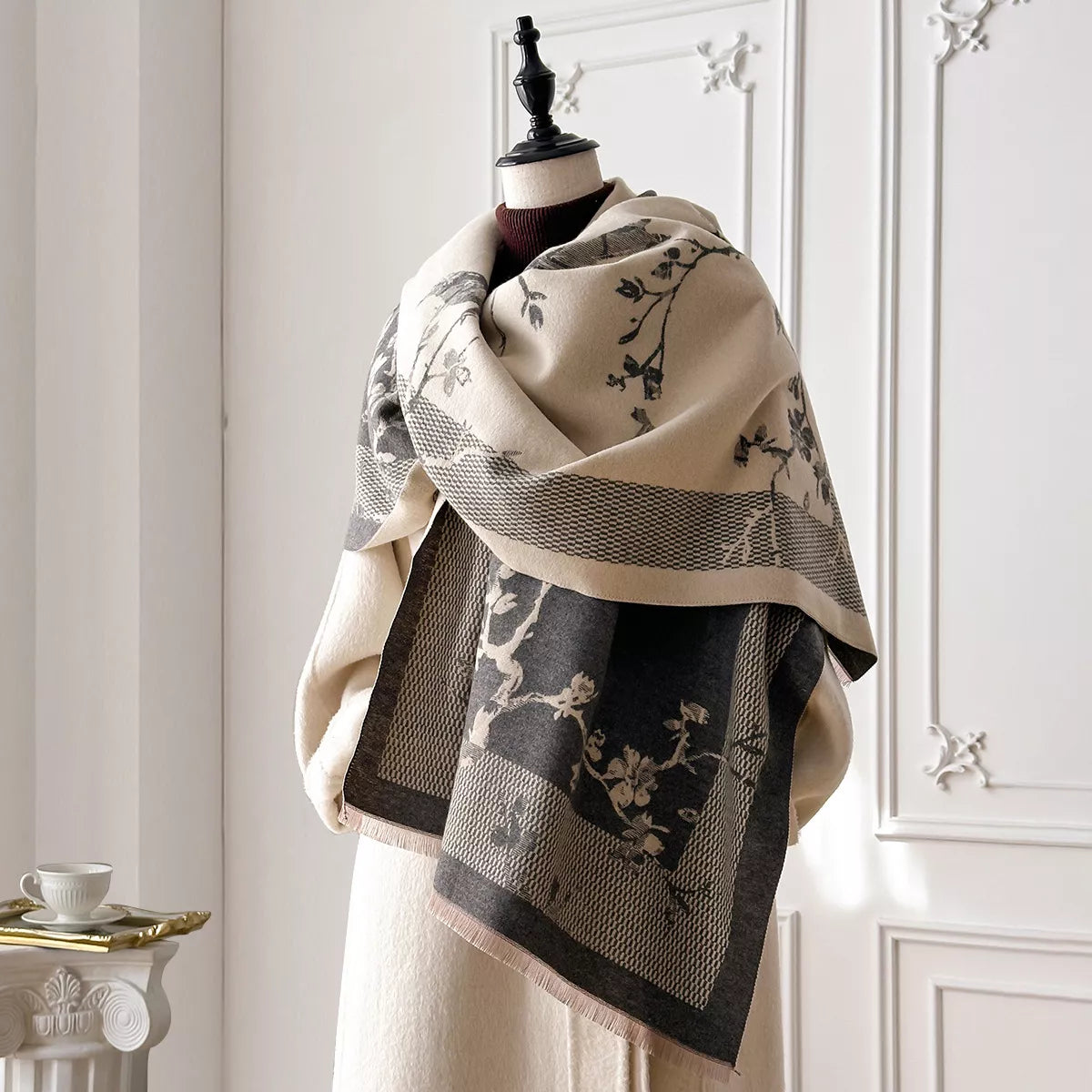 Warm neutral scarf shown at full length