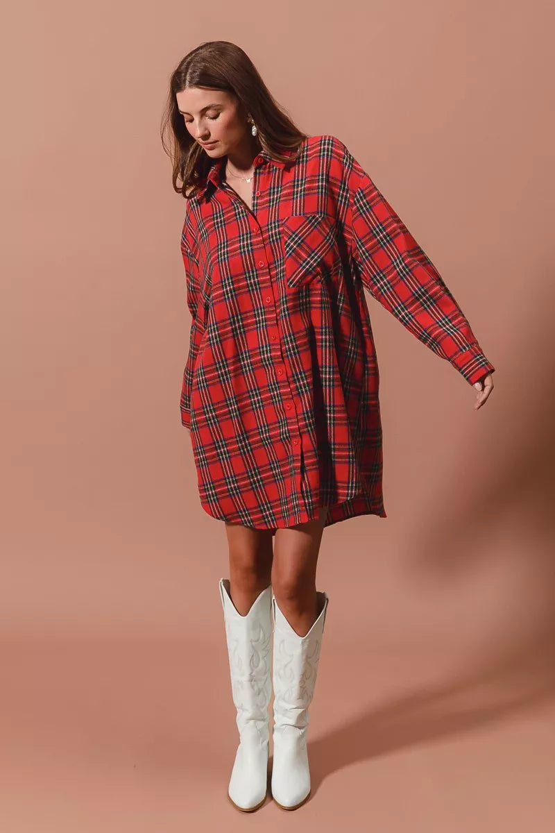 Checker Plaid Button Up Shirt Dress in Red close up