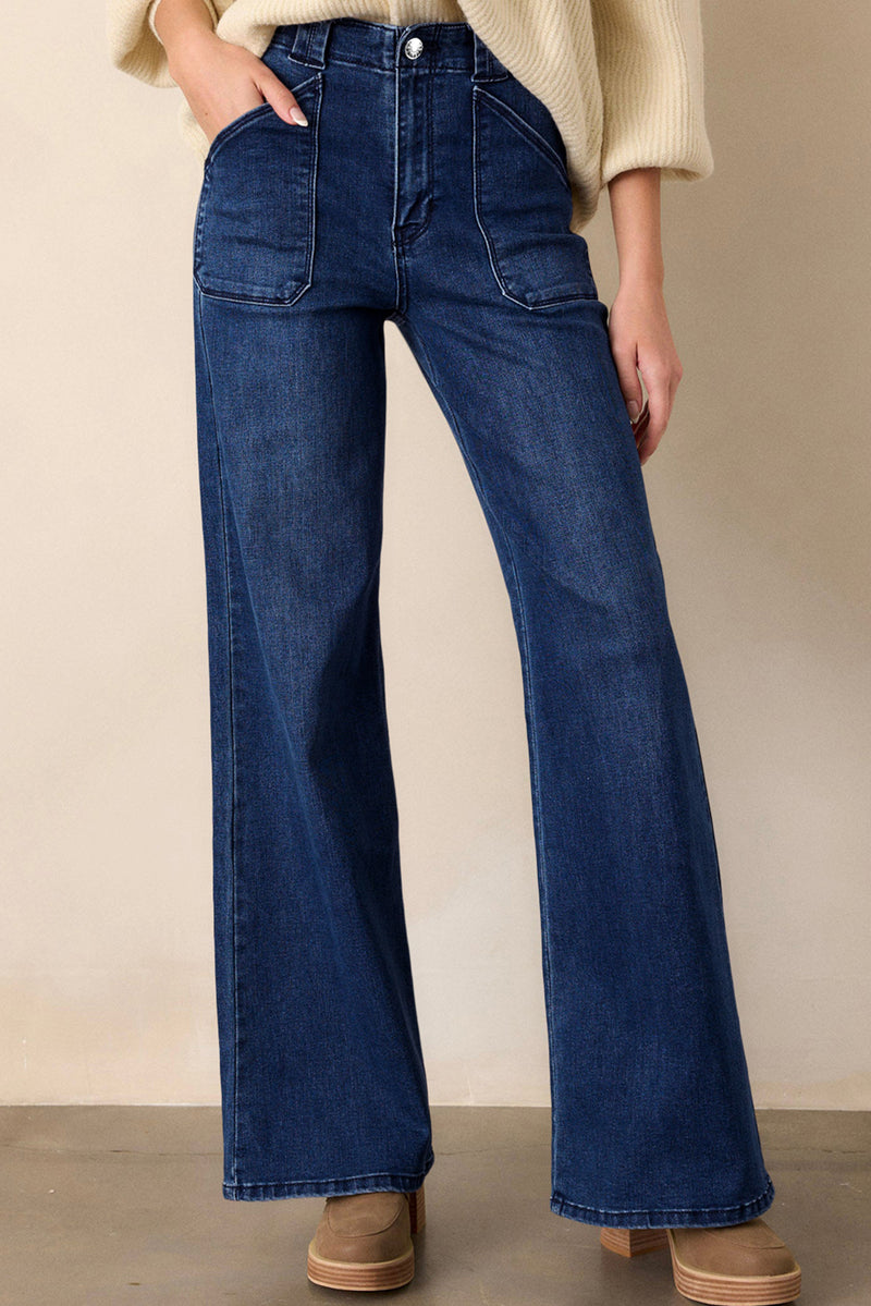 Blue straight leg mid rise shift jeans front view
