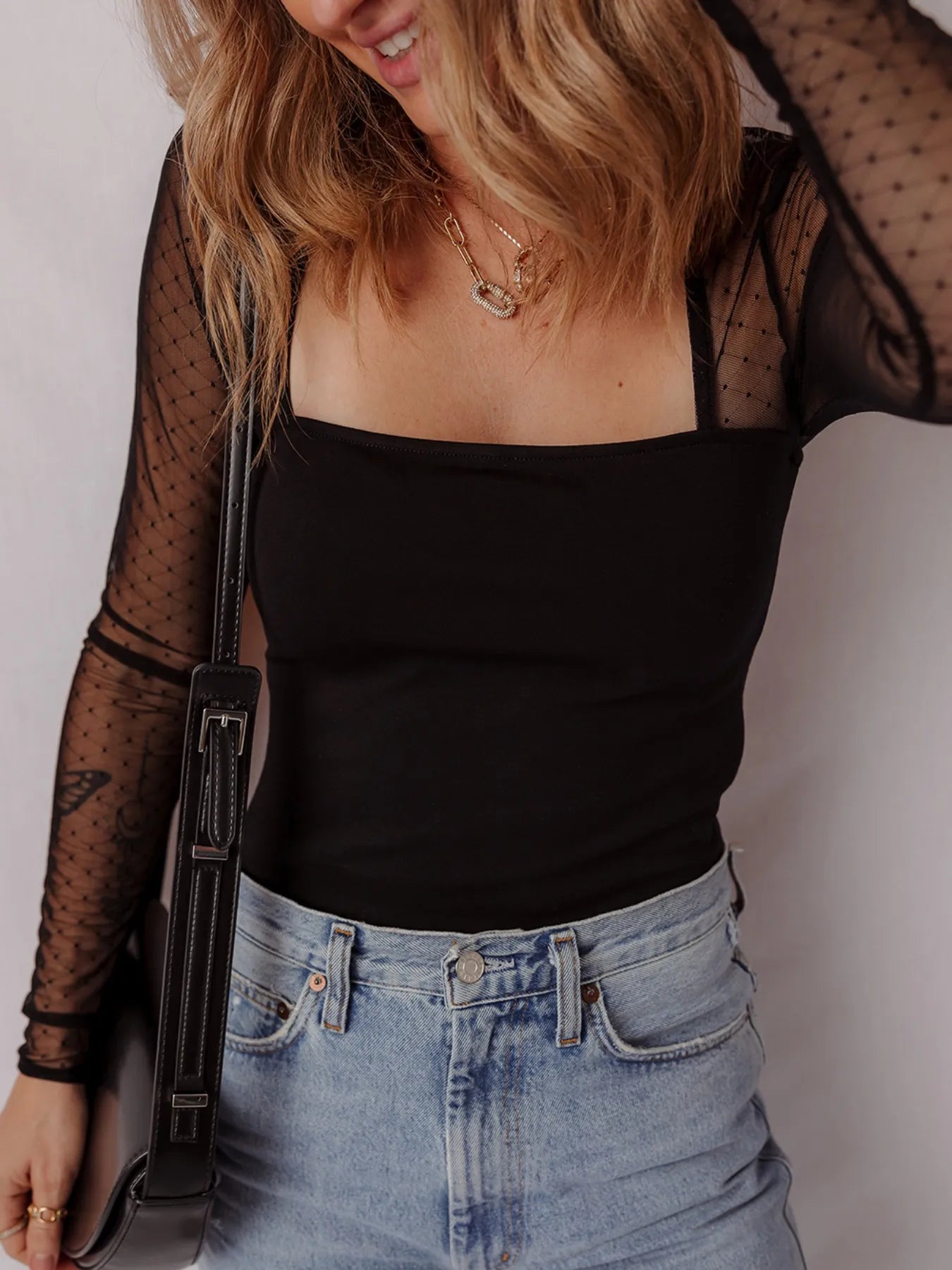 Mesh Sleeve Square Neck Bodysuit - Fashorio